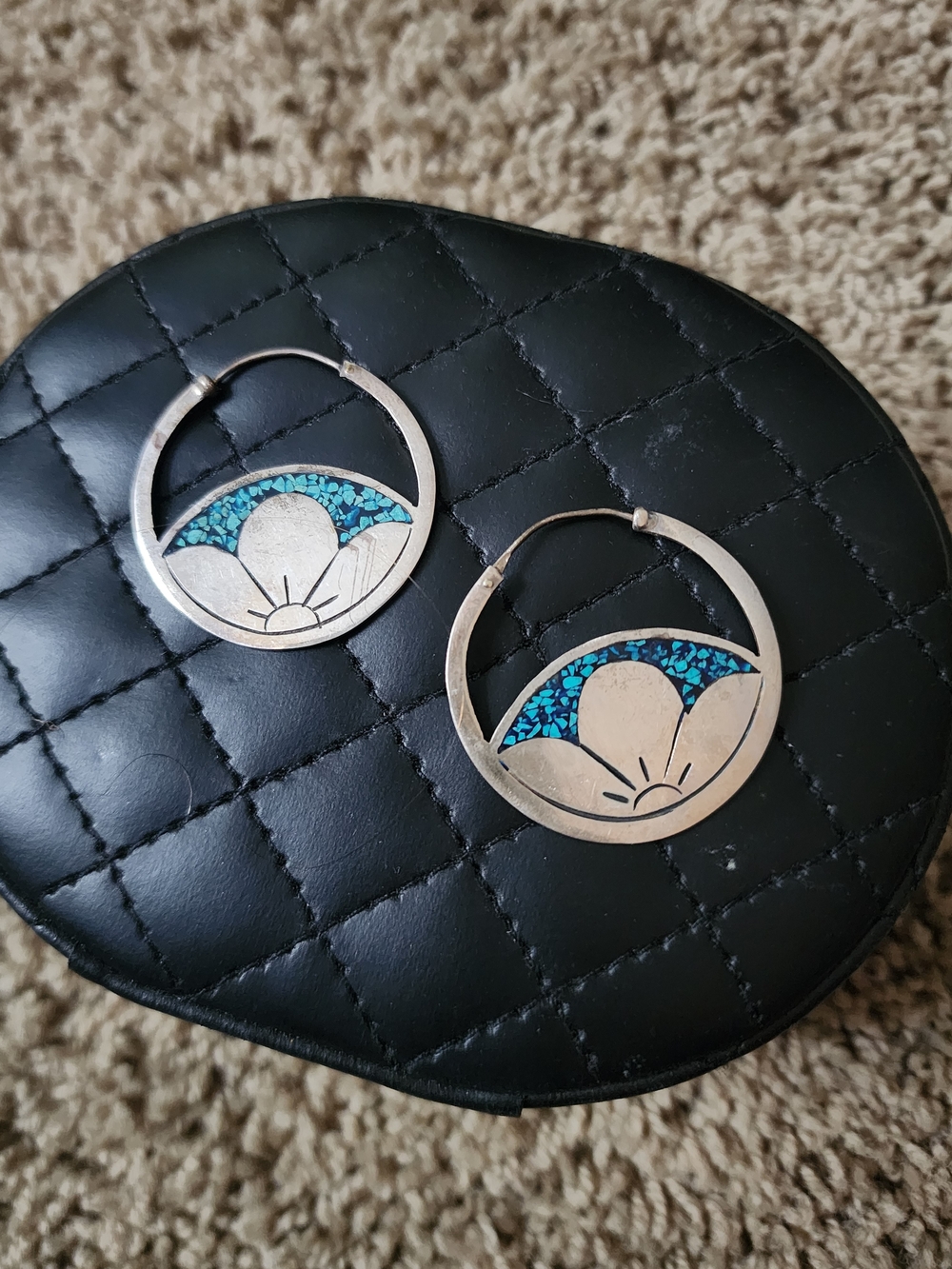 Silver Hoop Earrings with Turquoise Floral Inlay - Women Jewelry